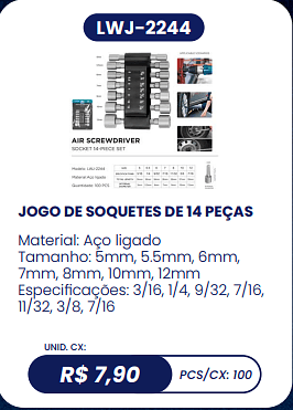 JOGO DE SOQUETES DE 14 PEÇAS UNID. CX: R$ 7,90 PCS/CX: 100