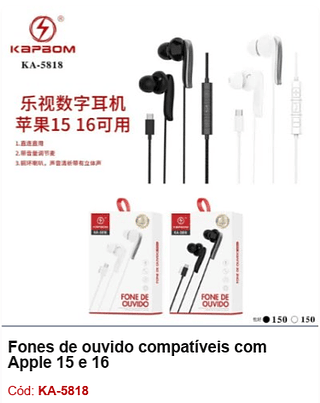 Fones de ouvido compatíveis com Apple 15 e 16 R$7,2 PCS/CX:300