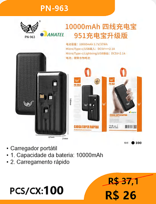 Carregador portátil PCS/CX:100 R$ 26