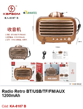 Radio Retro BT/USB/TF/FM/AUX 1200mAh R$41,4 PCS/CX:45