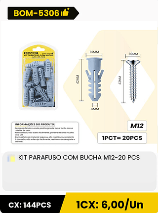 KIT PARAFUSO COM BUCHA M12-20 PCS CX: 144PCS 1CX: 6,00/Un