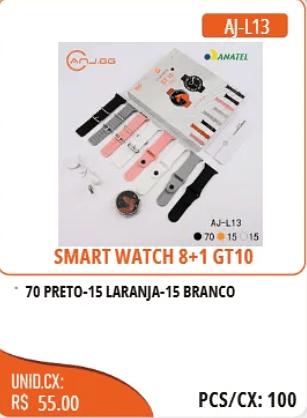 SMART WATCH 8+1 GT10 UNID.CX: RS 55.00 PCS/CX:100