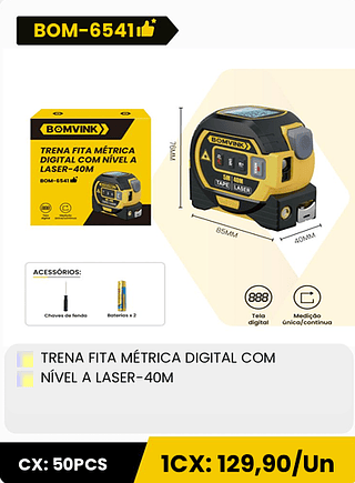 TRENA FITA MÉTRICA DIGITAL COM NÍVEL A LASER-40M CX: 50PCS 1CX: 129,90/Un