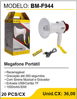 Megafone Portátil 20 PCS/CX Unid.CX: 36,00