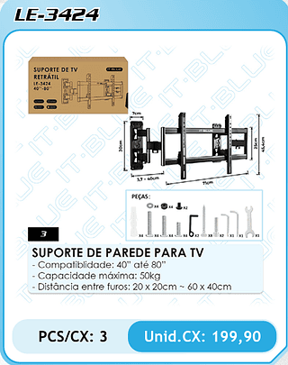 SUPORTE DE PAREDE PARA TV PCS/CX: 3 Unid.CX: 199,90