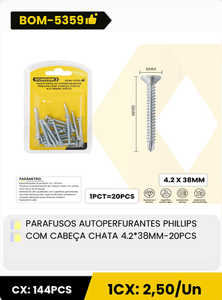 PARAFUSOS AUTOPERFURANTES PHILLIPS COM CABEÇA CHATA 4.2*38MM-20PCS CX: 144PCS 1CX: 2,50/Un