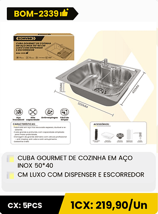 CUBA GOURMET DE COZINHA EM AÇO INOX 50*40 CM LUXO COM DISPENSER E ESCORREDOR CX: 5PCS 1CX: 219,90/Un