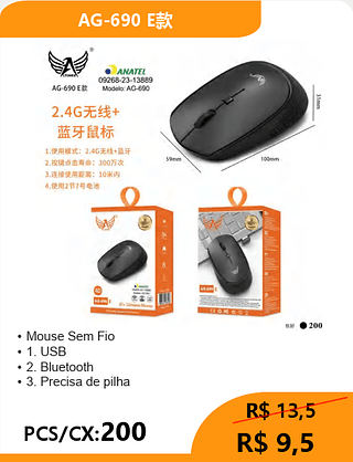 Mouse Sem Fio PCS/CX:200 R$ 9,5