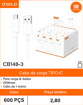 Cabo de carga TIPO-C Caixa 600 PCS Preco Unitario 2,80