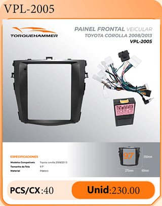 PAINEL FRONTAL VEICULAR TOYOTA COROLLA 2008/2013 PCS/CX:40 Unid:230.00