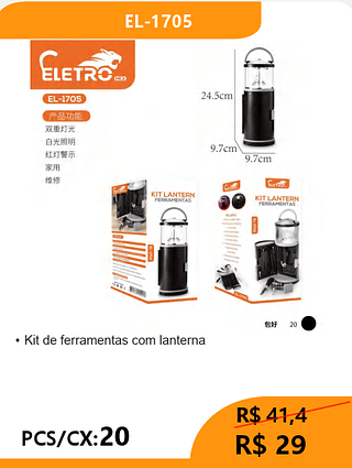 Kit de ferramentas com lanterna PCS/CX:20 R$29