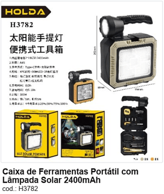 Caixa de Ferramentas Portátil com Lâmpada Solar 2400mAh R$ 36 PC/CX:36
