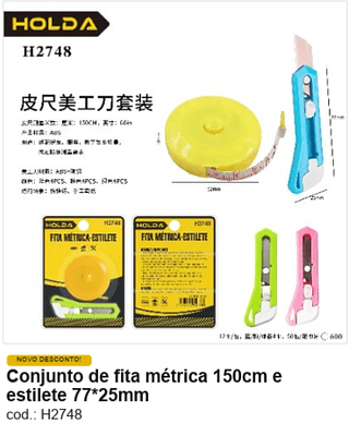Conjunto de fita métrica 150cm e estilete 77*25mm R$ 4,05 PC/CX:600
