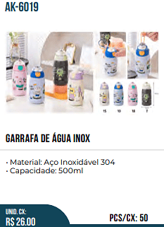 garrafa de água inox UNID. CX: R$ 26.00 PCS/CX: 50