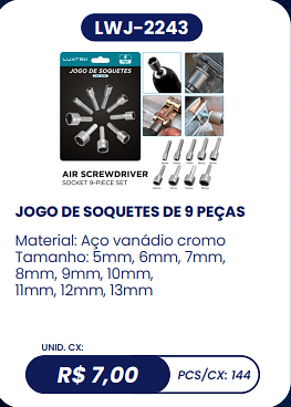 JOGO DE SOQUETES DE 9 PEÇAS UNID. CX: R$ 7,00 PCS/CX: 144