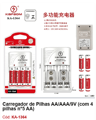 Carregador de Pilhas AA/AAA/9V (com 4 pilhas n°5 AA) R$ 20,7 PCS/cx: 100
