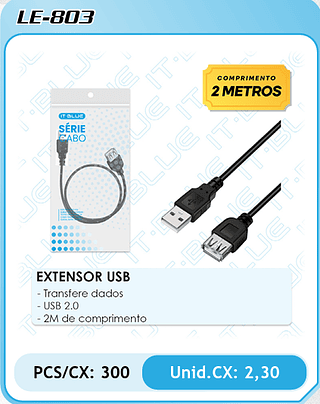 EXTENSOR USB - Transfere dados - USB 2.0 - 2M de comprimento PCS/CX: 300 Unid.CX: 2,30