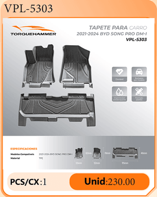 TAPETE PARA CARRO 2021-2024 BYD SONG PRO DM-I PCS/CX:1 Unid:230.00