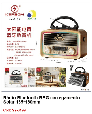 Rádio Bluetooth RBG carregamento Solar 135*160mm R$54 PCS/Cx:40