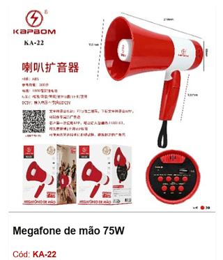 Megafone de mão 75W R$ 54 PCS/Cx: 30