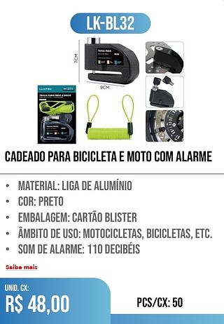 CADEADO PARA BICICLETA E MOTO COM ALARME PCS/CX: 50 UNID. $ 48,00