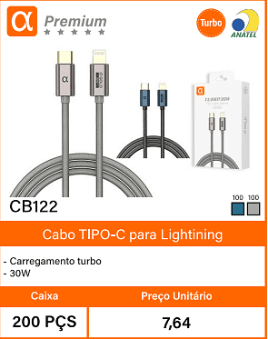 Cabo TIPO-C para Lightining - Caixa 200 PCS Preco Unitario 7,64