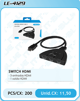 SWITCH HDMI - 3 entradas HDMI - 1 saída HDMI PCS/CX: 200 Unid.CX: 11,50