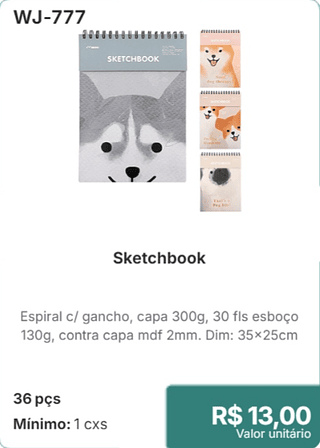 Sketchbook 36 pçs R$ 13,00