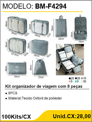 Kit organizador de viagem com 8 peças 100Kits/CX Unid.CX:28,00