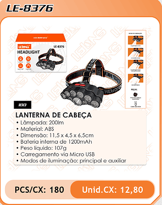 LANTERNA DE CABEÇA 180PÇ=12,8$