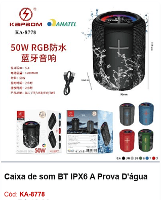 Caixa de som BT IPX6 A Prova D'água R$36,9 PCS/CX:60