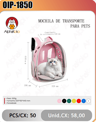 MOCHILA DE TRANSPORTE PARA PETS PCS/CX:50 Unid.CX:58,00