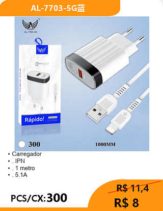 CARREGADOR LIGHTNING PCS/CX:300 R$ 8