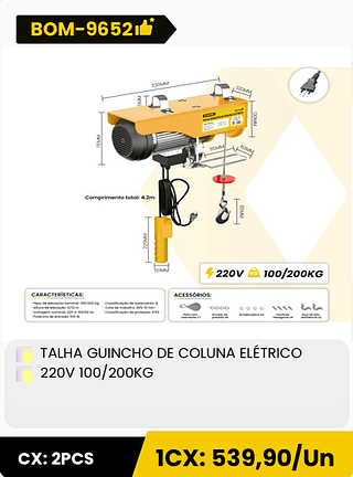 TALHA GUINCHO DE COLUNA ELÉTRICO 220V 100/200KG CX: 2PCS ICX: 539,90/Un