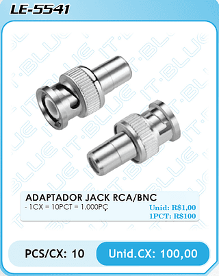 ADAPTADOR JACK RCA/BNC PCS/CX: 10 Unid.CX: 100,00