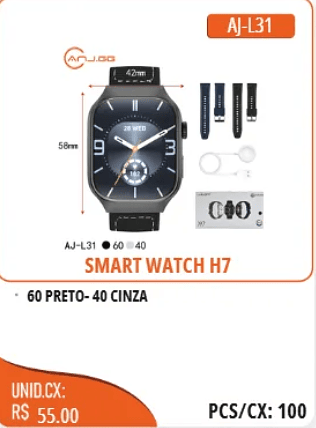 SMART WATCH H7 UNID.CX: RS 55.00 PCS/CX:100