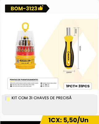 KIT COM 31 CHAVES DE PRECISÃ CX: 120PCS ICX: 5,50/Un