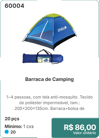 Barraca de Camping 20 pçs R$ 86,00