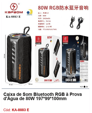 Caixa de Som Bluetooth RGB à Prova d'Água de 80W R$85,5 PCS/Cx:30