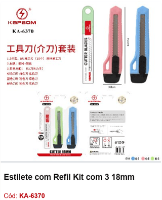 Estilete com Refil Kit com 3 18mm R$ 6,75 PCS/cx: 192