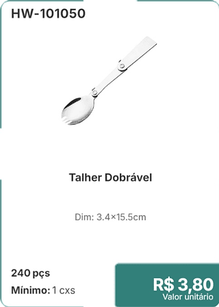 Talher Dobrável 240 pçs R$ 3,80