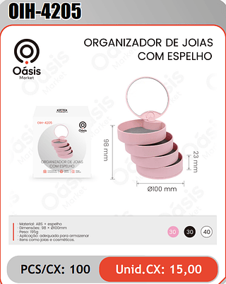 COM ESPELHO ORGANIZADOR DE JOIAS PCS/CX: 100 Unid.CX: 15,00