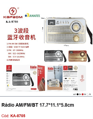 Rádio AM/FM/BT 17.7*11.1*5.8cm R$40,5 PCS/cx:48