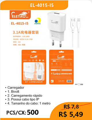 CARREGADOR LIGHTNING PCS/CX:500 R$5,49