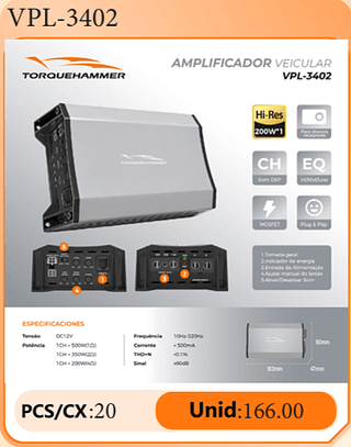 AMPLIFICADOR VEICULAR PCS/CX:20 Unid:166.00