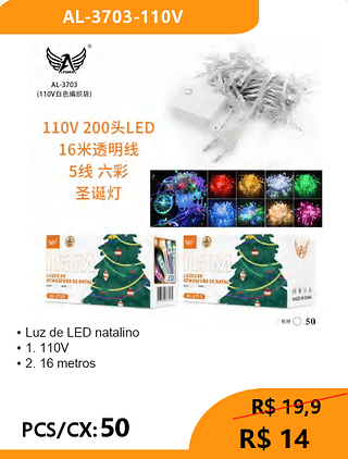 • Luz de LED natalino PCS/CX:50 R$ 14