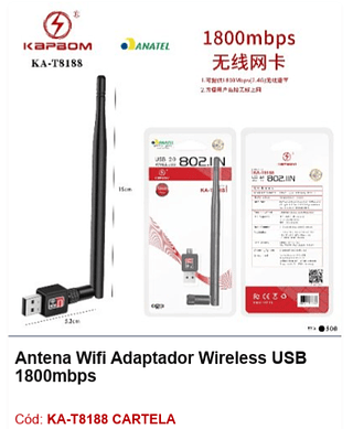 Antena Wifi Adaptador Wireless USB 1800mbps R$ 6,12 PCS/CX:500