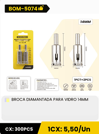 BROCA DIAMANTADA PARA VIDRO 14MM CX: 300PCS 1CX: 5,50/Un