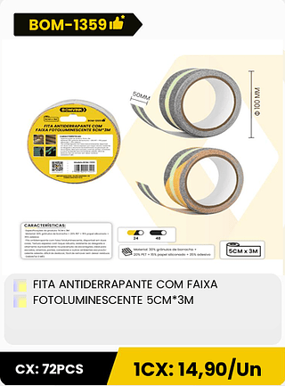 FITA ANTIDERRAPANTE COM FAIXA FOTOLUMINESCENTE 5CM*3M CX: 72PCS 1CX: 14,90/Un
