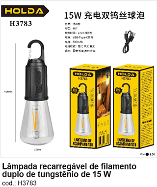 Lâmpada recarregável de filamento duplo de tungstênio de 15 W R$ 9 PC/CX:120